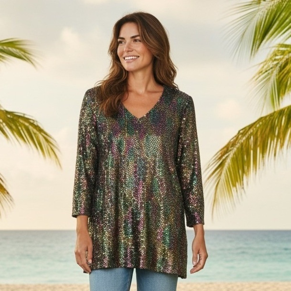 Another Thyme Sequin Tunic Top V Neck 3/4 Sleeve Womens Size 10 Metallic Sparkle